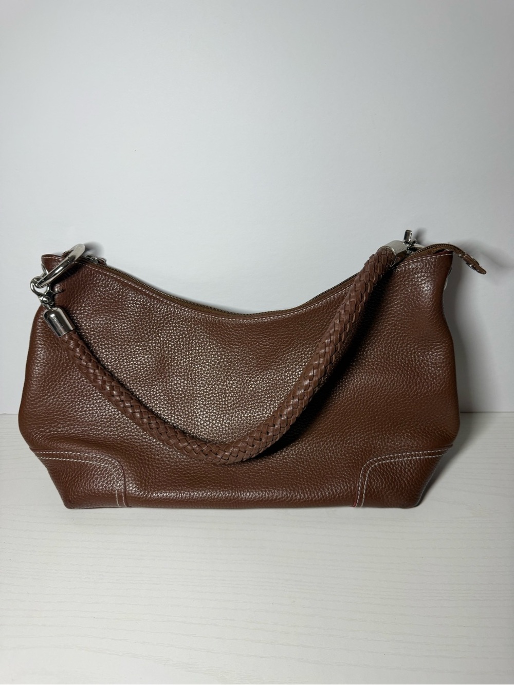 Classic Brown Pebbled Leather Shoulder Bag with Braided Handle